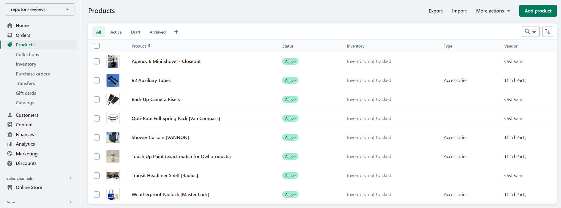 Shopify imported products list